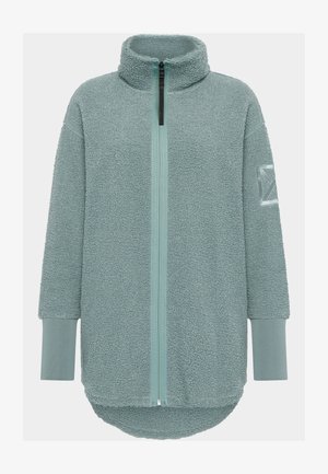 Veste en polaire en teinte bleu-vert atténuée avec un col haut, une fermeture éclair sur toute la longueur, des fentes latérales et des poignets côtelés. Tissu texturé avec un détail en matériel réfléchissant.