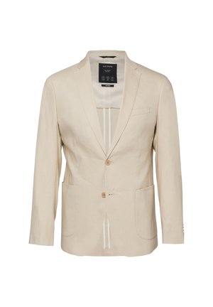 Beiger Herrenblazer mit zwei Knöpfen, Kerbkragen, aufgesetzten Taschen vorne und sichtbarem Innenfutter, vor weißem Hintergrund präsentiert.