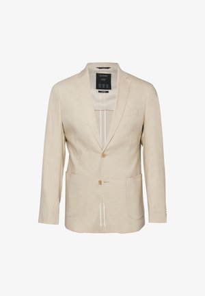 Beiger Herrenblazer mit zwei Knöpfen, Kerbkragen, aufgesetzten Taschen vorne und sichtbarem Innenfutter, vor weißem Hintergrund präsentiert.