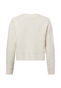 Maglione corto color crema, con texture a maglia e polsini e orlo a coste. Presenta un colletto rotondo e maniche lunghe.
