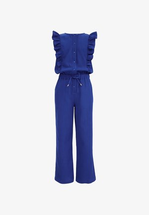 Ærmeløs blå jumpsuit med knapper foran, flæser ved skuldrene, snøre i taljen og bukser med vide ben.