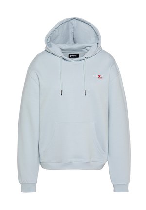 Hellblauer Hoodie mit Fronttasche, Kordelzug an der Kapuze und kleinem gesticktem "5th N.Y.C"-Logo mit rotem Herz auf der Brust.