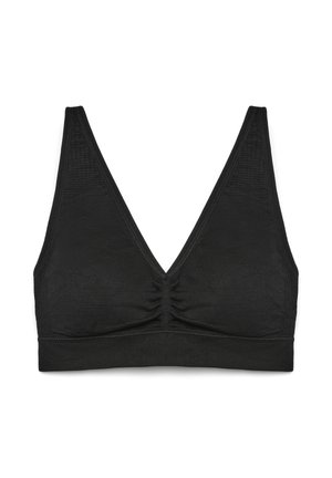 Reggiseno minimalista nero con scollo a V profondo, dettaglio raccolto sul davanti e tessuto morbido ed elastico. Bordi senza cuciture per il massimo comfort.