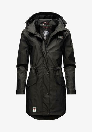Black waterproof parka, featuring a hood, drawstring waist, two front pockets, button closure, and a soft inner lining.