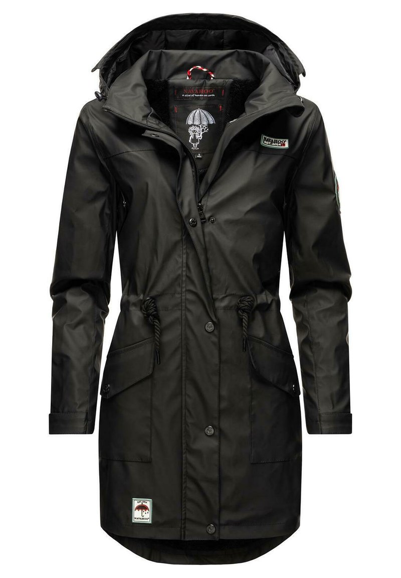Black waterproof parka, featuring a hood, drawstring waist, two front pockets, button closure, and a soft inner lining.