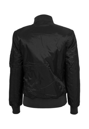 Schwarze Bomberjacke mit geripptem Kragen, Bündchen und Bund, von hinten gezeigt mit glattem, leicht glänzendem Stoff und abgesteppten Details.