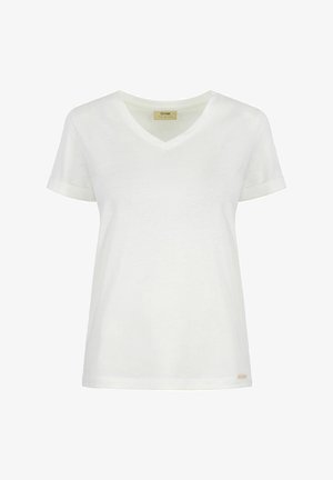 Biała koszulka z krótkim rękawem w dekolcie w kształcie litery V, wykonana z bawełny. Gładka faktura, rękawy z mankietami i małe logo akcentujące przy dolnym brzegu. Klasyczny krój.