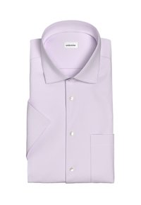 Camicia in cotone a quadri viola chiaro, caratterizzata da colletto alla francese, chiusura con bottoni e una tasca sul petto.