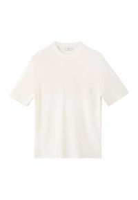 Bílé tričko s krátkým rukávem z žebrované látky. Má kulatý výstřih a boční rozparky na spodním lemu pro lepší pohyb.