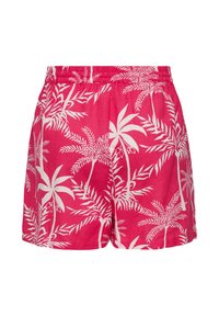 Shorts taille élastique rose vif avec imprimé blanc de palmiers tropicaux sur l'ensemble.