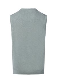 Bez rękawów sweter w jasnoszarym kolorze; design z okrągłym dekolem, z ribbowanym wykończeniem i gładką fakturą; posiada delikatny wzór dzianiny.