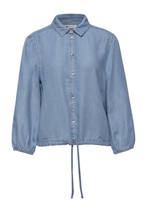 Chemise en denim bleu clair à manches longues avec fermeture à boutons, col, poignets élastiques et ourlet à cordon de serrage réglable.