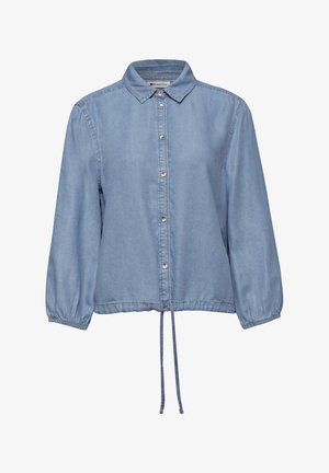 Camicia in denim azzurro chiaro a maniche lunghe con bottoni sul davanti, colletto, polsini elasticizzati e orlo con coulisse regolabile.