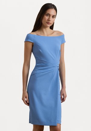 Blue off-shoulder dress with a fitted silhouette, textured fabric, twist detail at the waist, and a knee-length hem.