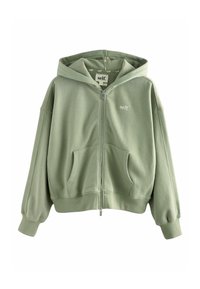 Hellgrüne Kapuzenjacke mit Reißverschluss, großen frontalen Taschen und gerippten Bündchen. Hergestellt aus weichem Stoff mit einem dezenten Logo auf der linken Brust.