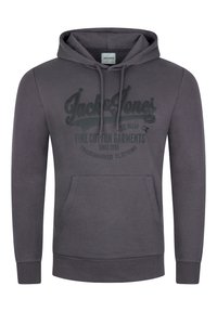 Grauer Baumwoll-Hoodie mit einer vorderen Kängurutasche, einer Kapuze mit Kordelzug und einem dunklen Drucklogo. Weicher Stoff mit gerippten Bündchen und Saum.