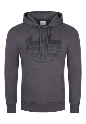 Haut en coton gris avec poche kangourou à l'avant, capuche à cordon de serrage et logo imprimé foncé. Texture douce avec poignets et ourlet côtelés.