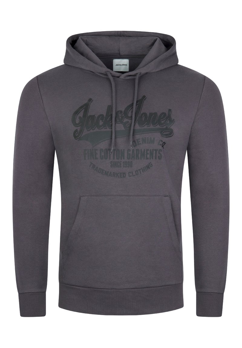 Grauer Baumwoll-Hoodie mit einer vorderen Kängurutasche, einer Kapuze mit Kordelzug und einem dunklen Drucklogo. Weicher Stoff mit gerippten Bündchen und Saum.