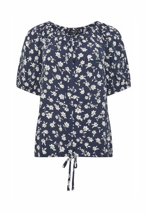 Blusa blu navy con motivo floreale bianco, scollo e maniche elastiche, bottoni frontali e coulisse regolabile all'orlo.