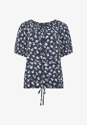 Granatowa bluzka w biały kwiatowy wzór, z elastycznym dekoltem i rękawami, guziki z przodu oraz regulowany tasiemkowy pasek na dole.