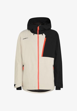 Veste à capuche bicolore beige et noire avec des fermetures éclair orange vif et le logo O'Neill sur la poitrine, poches zippées et poignets réglables.