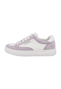 White and light purple sneakers with a smooth leather upper, suede accents, a thick white sole, and flat laces. Logo visible on the side.