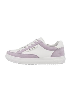 White and light purple sneakers with a smooth leather upper, suede accents, a thick white sole, and flat laces. Logo visible on the side.