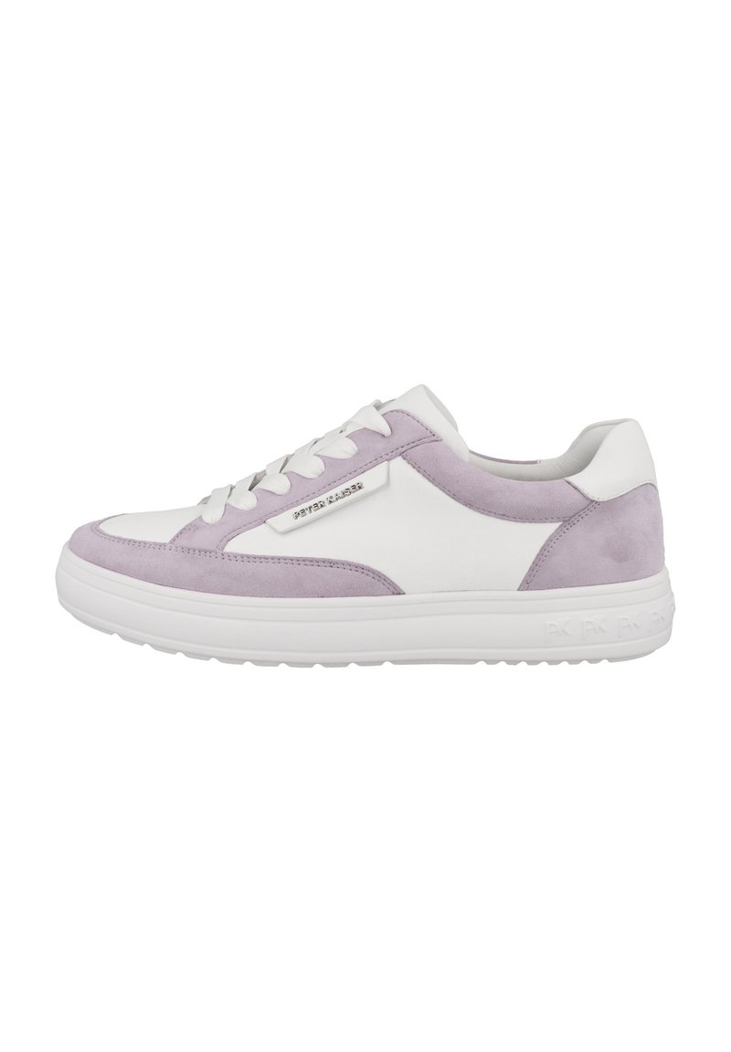 White and light purple sneakers with a smooth leather upper, suede accents, a thick white sole, and flat laces. Logo visible on the side.