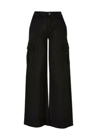 Pantalon cargo noir à jambes larges, taille haute, poches à rabat sur les côtés, fermeture par bouton et passants de ceinture.