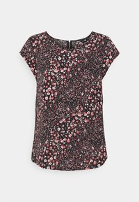 Schwarz-blumige Bluse mit kurzen Ärmeln, die mit einem lebhaften pink-weißen Blumenmuster verziert ist, runder Ausschnitt und einem Reißverschlussdetail auf der Rückseite.