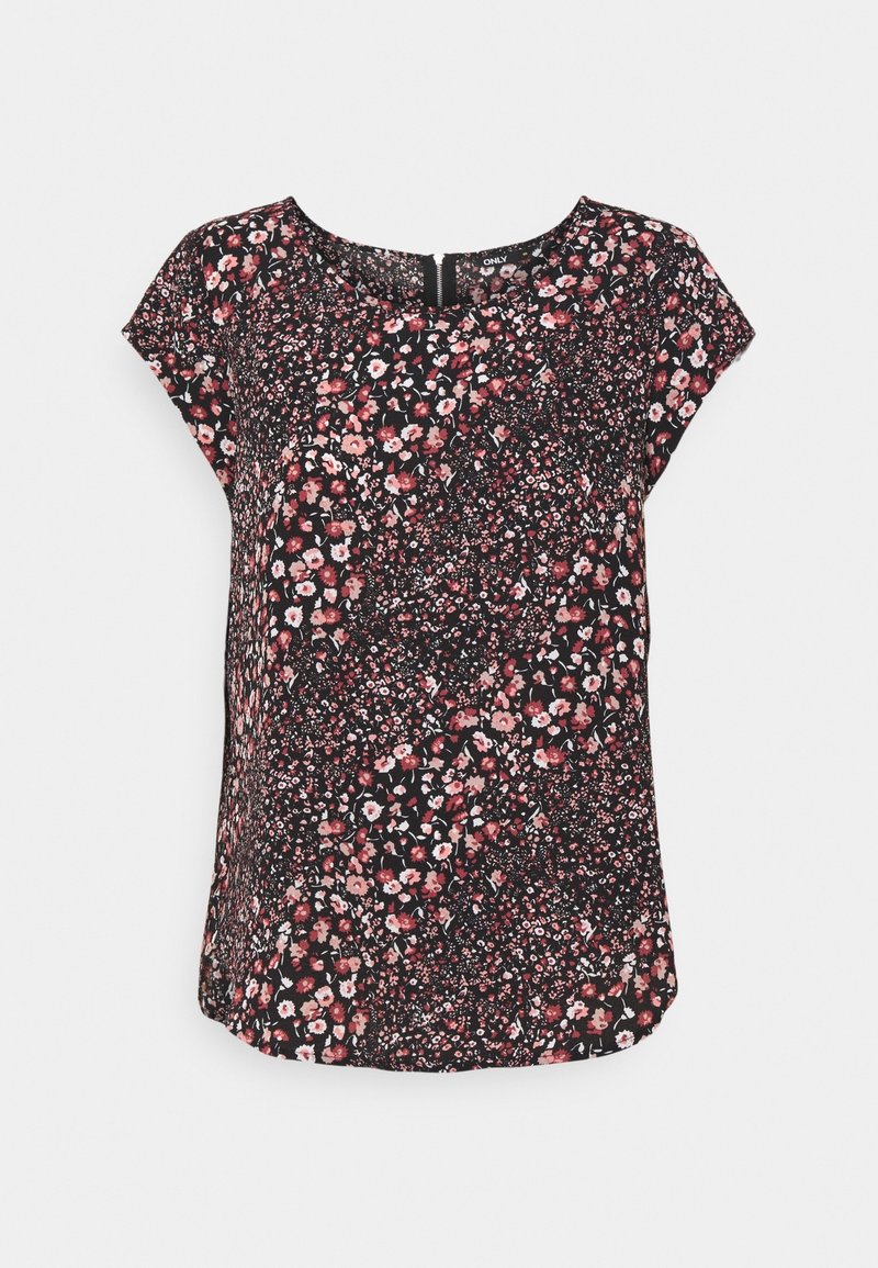 Schwarz-blumige Bluse mit kurzen Ärmeln, die mit einem lebhaften pink-weißen Blumenmuster verziert ist, runder Ausschnitt und einem Reißverschlussdetail auf der Rückseite.