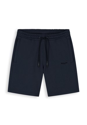 Marineblauwe kniebroek met elastische tailleband, zwart trekkoord, zijzakken en een subtiel zwart logo op de rechterdij.