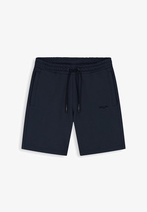 Marineblauwe kniebroek met elastische tailleband, zwart trekkoord, zijzakken en een subtiel zwart logo op de rechterdij.