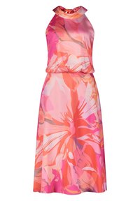 En ärmlös, knälång klänning i livfulla rosa och orange blommönster. Har en hög hals och ett knytband bak.