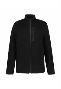 Černá fleecová bunda s vysokým límcem, plným předním zipem a malou náprsní kapsou. Obsahuje kontrastní prošívání a mírně zúžené rukávy.