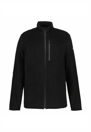 Giacca in pile nera con colletto alto, zip frontale completa e una piccola tasca sul petto. Presenta cuciture a contrasto e maniche leggermente affusolate.