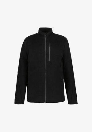 Giacca in pile nera con colletto alto, zip frontale completa e una piccola tasca sul petto. Presenta cuciture a contrasto e maniche leggermente affusolate.