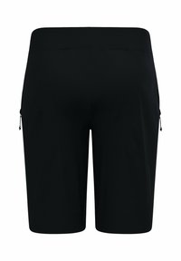 Schwarze Sportshorts mit glatter Textur, ausgestattet mit einem flachen Bund und seitlichen Kordeln, entworfen für aktive Bekleidung.