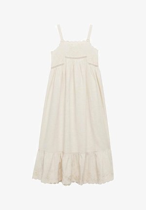 Hellbeiges Kleid mit dünnen Trägern, besticktem, gewelltem Oberteil, geraffter Taille und einem mehrlagigen, gerüschten Saum mit Blumenmustern.