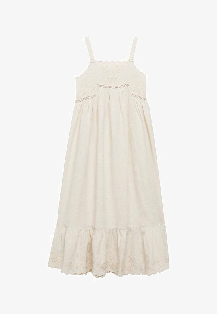 Ljusbeige klänning med tunna axelband, broderad scalloped liv, samlad midja och en lager på lager volangkant med blommönster.
