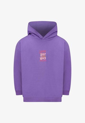 Paarse hoodie van zacht materiaal met een kangoeroezak. Voorzien van een kleurrijke "Love Her Way"-grafiek in vetgedrukte tekst op de voorkant.