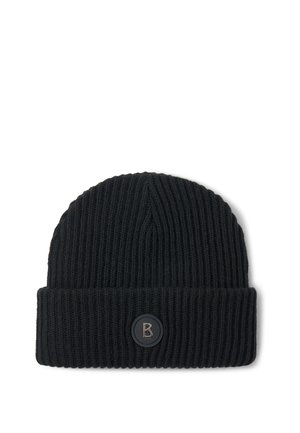 Black knitted beanie with a ribbed texture, featuring a rolled cuff and a circular black logo patch with a letter “B.”