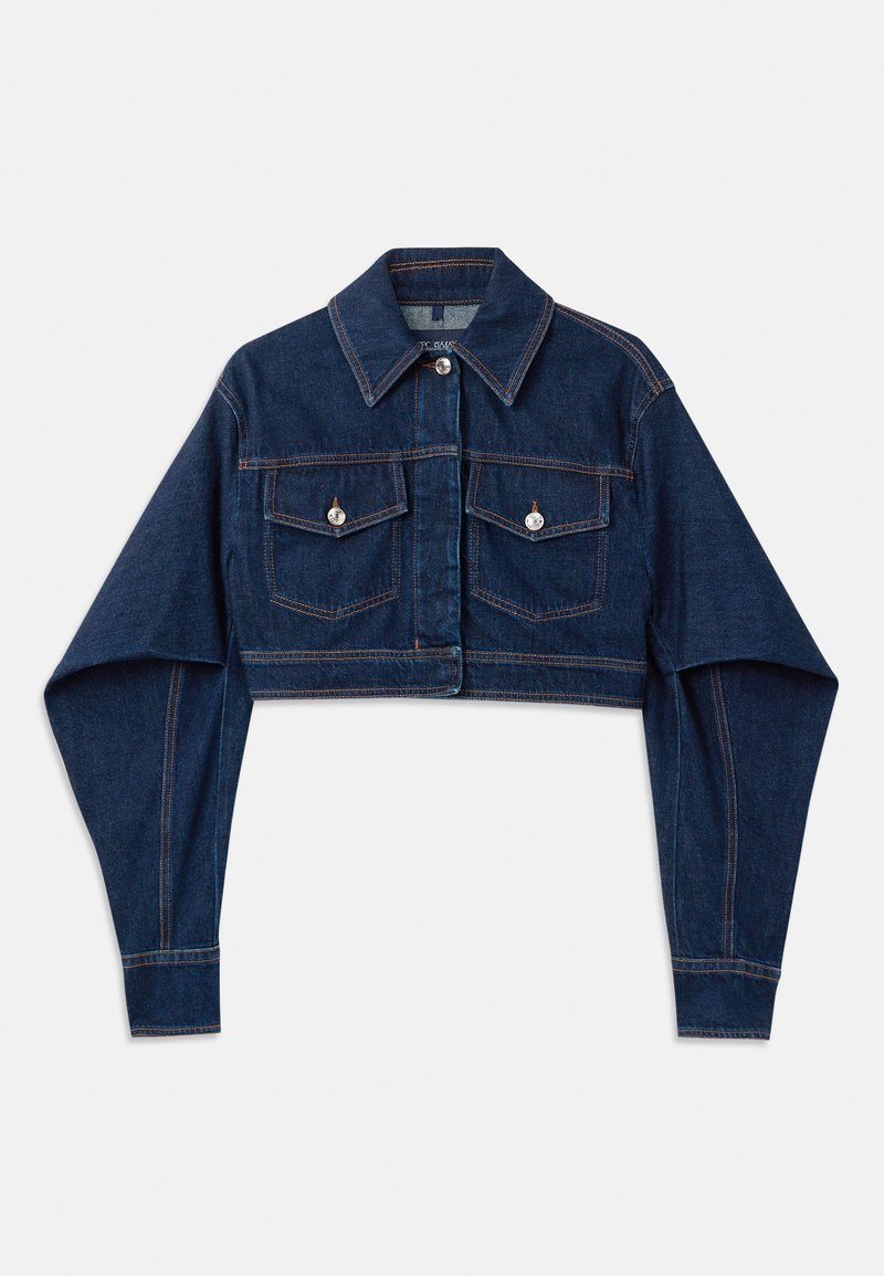 Dark blue cropped denim jacket with long sleeves, two chest pockets, and silver buttons. Features contrasting orange stitching detail.