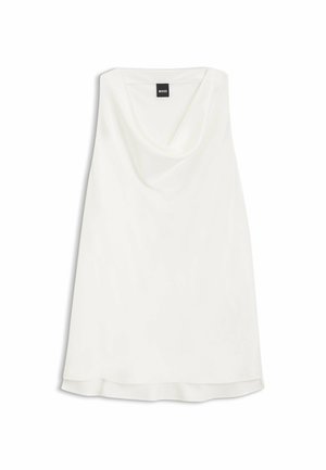 Top bianco senza maniche con design a scollo a drappeggio, texture liscia e una leggera lucentezza, con orlo dritto e senza elementi metallici visibili.