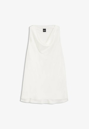Top bianco senza maniche con design a scollo a drappeggio, texture liscia e una leggera lucentezza, con orlo dritto e senza elementi metallici visibili.