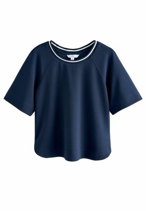Navy blue short-sleeved top with a rounded neckline and contrasting white trim. Made from smooth, stretchy fabric with a relaxed fit.