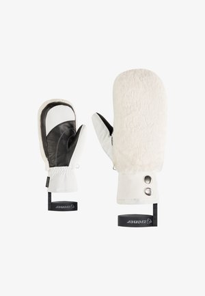 Weiße Handschuhe aus Leder und weichem, flauschigem Material. Zu den Merkmalen gehören eine schwarze Lederhandfläche, helle graue Akzente und verstellbare Riemen.