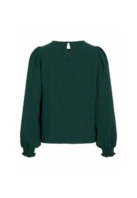 Mörkgrön långärmad blus med puffärmar, elastiska volangärmar och en liten nyckelhålsknappstängning i nacken.