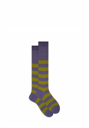 Knee-high socks with alternating purple and olive green horizontal stripes, laid flat and overlapping on a white background.