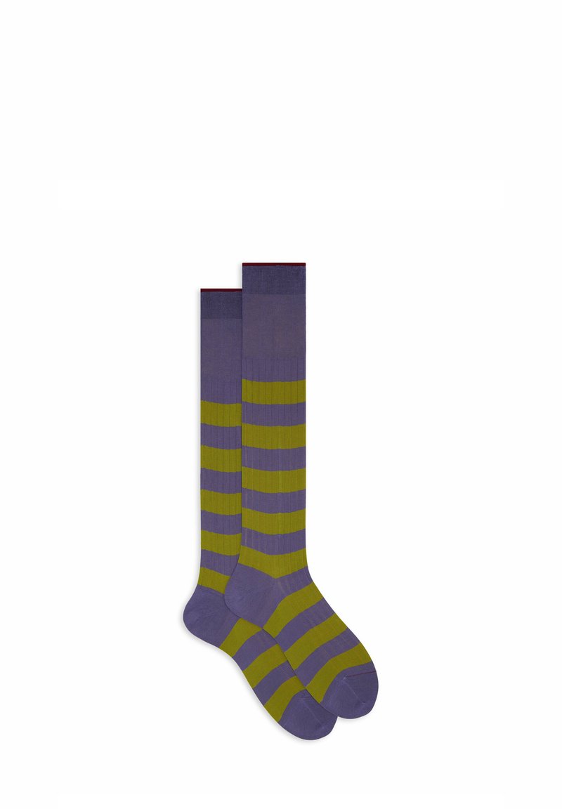 Calze fino al ginocchio con strisce orizzontali alternate in viola e verde oliva, disposte piatte e sovrapposte su uno sfondo bianco.